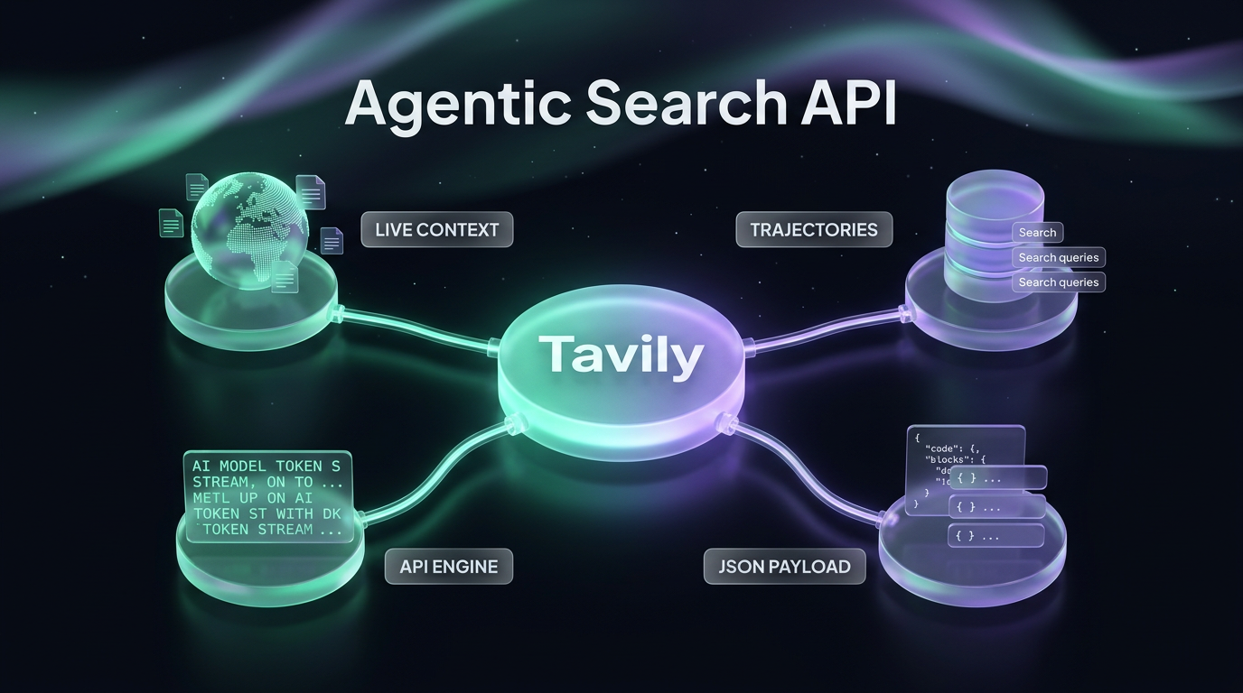 Diagram of Tavily agentic search API showing interconnected nodes for web data, model reasoning, and structured JSON results.