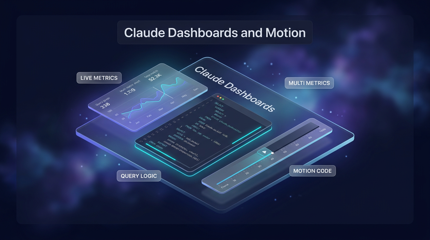 Isometric visual dashboard illustration representing Claude Dashboards data queries and Claude Motion animated explainers.