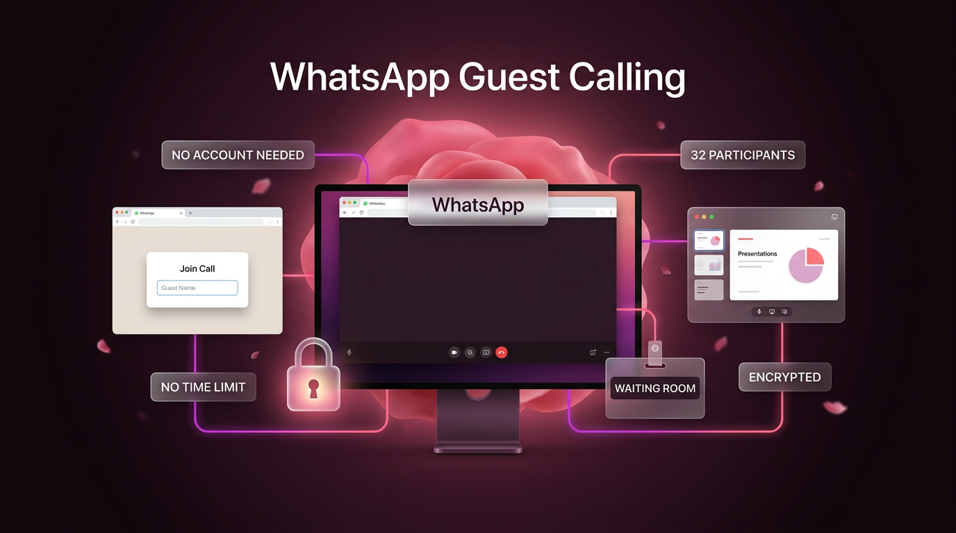 WhatsApp guest calling desktop interface showing browser join screen with encryption badge and call controls