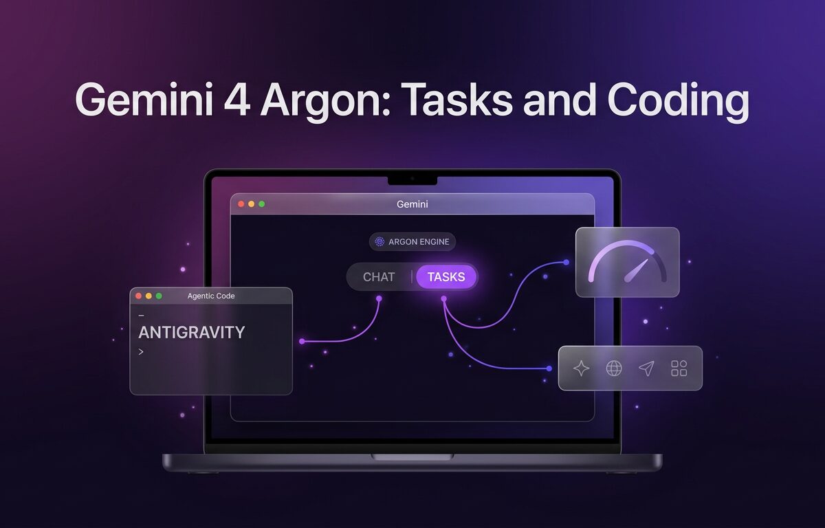 Gemini 4 Argon interface on a laptop showing background tasks and Antigravity coding interface