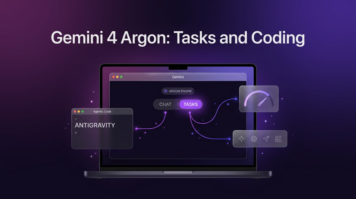 Gemini 4 Argon interface on a laptop showing background tasks and Antigravity coding interface